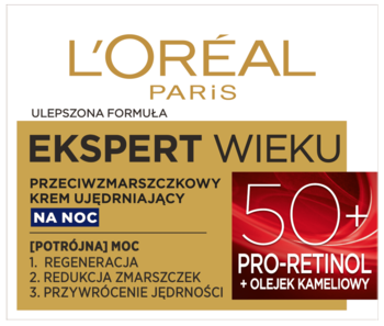 L'Oréal Paris Ekspert Wieku 50+ krem ujędrniający na noc z Pro-Retinolem, biało-złote opakowanie, widok z przodu.