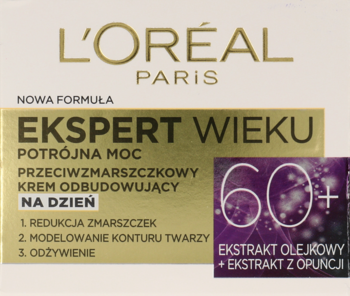 L'Oréal Ekspert Wieku 60+ krem przeciwzmarszczkowy na dzień w złoto-fioletowym pudełku, widok z przodu.