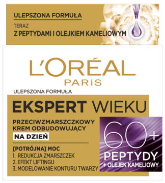 L'Oréal Paris Ekspert Wieku 60+ krem na dzień, biało-złote opakowanie z napisem 'Peptydy + Olejek Kameliowy'.