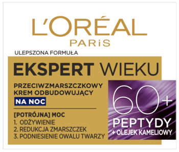 Graficzna etykieta L'Oréal Ekspert Wieku 60+ kremu na noc, złoto-brązowa, z peptydami i olejkiem kameliowym.