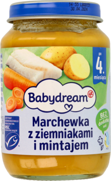Słoiczek Babydream Marchewka z ziemniakami i mintajem, widok z przodu, z niebieską nakrętką i warzywami na etykiecie.