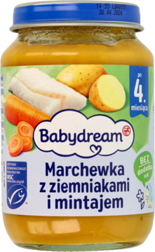 Słoiczek Babydream Marchewka z ziemniakami i mintajem, widok z przodu, z niebieską nakrętką i warzywami na etykiecie.