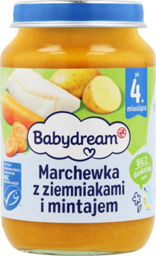 Słoiczek Babydream Marchewka z ziemniakami i mintajem, pomarańczowe puree dla niemowląt od 4m, widok przód.