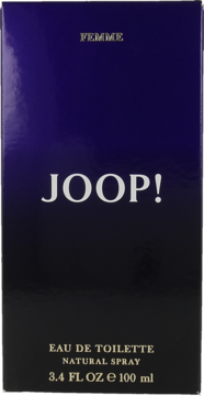 Frontowe ujęcie ciemnofioletowego pudełka perfum Joop! Femme Eau de Toilette 100ml z białym logo i napisem.