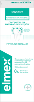 Pionowe opakowanie płynu elmex Sensitive na nadwrażliwe zęby, białe z turkusem, napis 0% alkoholu.