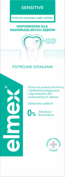 Opakowanie elmex Sensitive płynu do płukania dla wrażliwych zębów, białe z turkusowym akcentem, przód.
