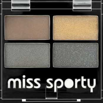 Miss Sporty Studio Colour Quattro Eye Shadow 414 Smokey. Otwarta czarna paleta, 4 metaliczne cienie: brąz, złoto, szary i błyszczący szary.