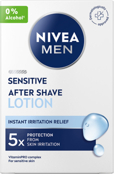 NIVEA MEN Sensitive Łagodząca Woda po goleniu, białe pudełko, 0% alkoholu, natychmiastowa ulga.