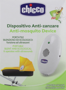 Opakowanie Chicco Anti-mosquito Device. Białe urządzenie ultradźwiękowe, zielono-białe pudełko z grafiką wózka.
