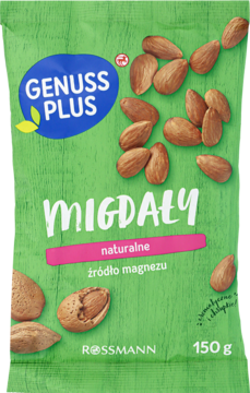 Zielone opakowanie Genuss Plus Migdały naturalne, źródło magnezu, z rozsypanymi migdałami, widok z przodu.