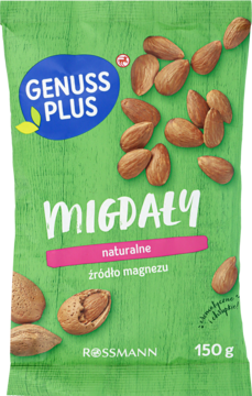 Zielone opakowanie Genuss Plus Migdały naturalne, źródło magnezu, z rozsypanymi migdałami, widok z przodu.