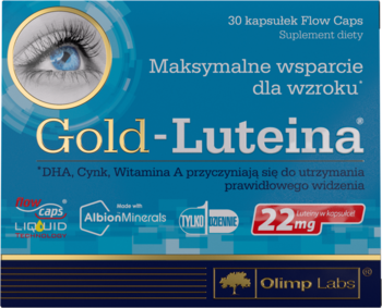 Ciemnoniebieskie opakowanie suplementu Gold-Luteina, wspierającego wzrok, z grafiką oka i złotym napisem.