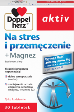 Biało-czerwone opakowanie Doppelherz aktiv Na stres i przemęczenie + Magnez 30 tabletek, widok z przodu.