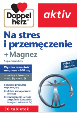 Doppelherz aktiv Magnez na stres i przemęczenie, 30 tabletek. Biało-czerwone pudełko suplementu, widok z przodu.