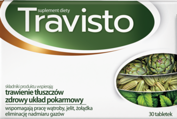 Travisto suplement diety, biało-zielone pudełko z grafiką karczochów. Na trawienie tłuszczów i zdrowy układ pokarmowy.