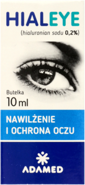 HIALEYE nawilżające krople do oczu, biało-niebieskie pudełko z grafiką oka, widok z przodu, 10 ml.