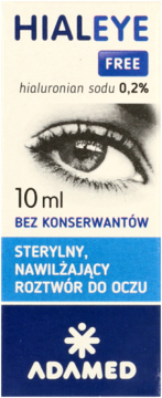 Hialeye Free 10ml, sterylny nawilżający roztwór do oczu, biało-niebieskie pudełko, widok przód.