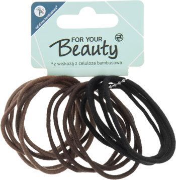 Zestaw 15 cienkich gumek do włosów w kolorze brązowym i czarnym, rozłożone na jasnym tle pod częścią opakowania.
