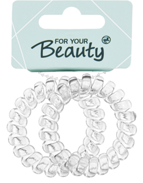 Przezroczyste gumki spiralne FOR YOUR Beauty na szarym opakowaniu z logo, widok z przodu.
