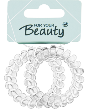 Przezroczyste gumki spiralne FOR YOUR Beauty na szarym opakowaniu z logo, widok z przodu.