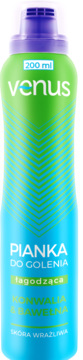 Zielono-niebieska pianka Venus 200ml, łagodząca z konwalią i bawełną do golenia wrażliwej skóry, widok z przodu.