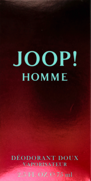 Męski dezodorant Joop! Homme w ciemnoczerwonym pudełku z turkusowymi napisami, widok z przodu.