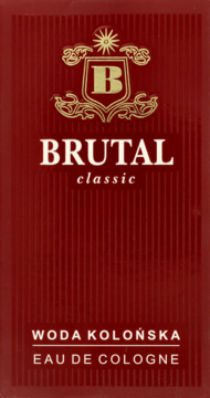 Woda Kolońska Brutal Classic w pionowym, ciemnoczerwonym opakowaniu ze złotym logo i napisem, widok z przodu.