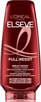 Czerwona butelka odżywki L'Oréal Elseve Full Resist Break-Proof Conditioner, widok z przodu, z tekstem i składnikami: aminexil, biotyna, arginina.