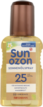 Sunozon olejek do opalania SPF 25 w przezroczystej butelce, widok z przodu, dla intensywnej brązowienia.