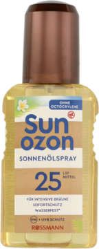 Sunozon olejek do opalania SPF 25 w przezroczystej butelce, widok z przodu, dla intensywnej brązowienia.