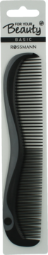 Czarny grzebień For Your Beauty Basic Rossmann z szarym ergonomicznym uchwytem w opakowaniu blister, widok z przodu.