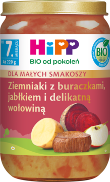 Słoik HiPP BIO, danie dla niemowląt po 7. miesiącu: ziemniaki, buraczki, jabłko i wołowina. Etykieta z ilustracjami.