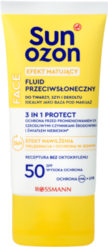 Żółta tubka Sunozon matujący fluid przeciwsłoneczny SPF 50 do twarzy, wysoka ochrona UVA/UVB, widok z przodu.