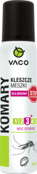 Vaco spray na komary, kleszcze i meszki dla rodziny, biało-zielona butelka z czarną nakrętką, widok z przodu.