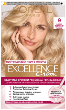 Opakowanie farby L'Oréal Excellence Crème 9 Bardzo Jasny Blond, widok z przodu, potrójna pielęgnacja.