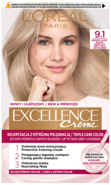 Opakowanie L'Oréal Excellence Crème 9.1 bardzo jasny popielaty blond farba, 100% krycia siwych, przód.