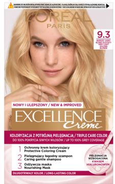 Opakowanie farby L'Oréal Excellence Crème 9.3 jasny blond, 100% krycia siwych włosów, z uśmiechniętą modelką.