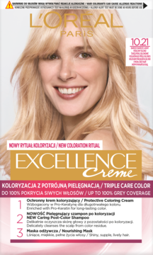 Pudełko farby L'Oréal Excellence Creme 10.21 z blondynką, potrójna pielęgnacja i 100% krycia siwych włosów.