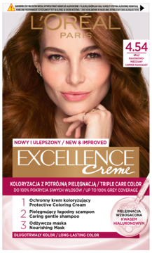 Opakowanie farby do włosów L'Oréal Excellence Crème 4.54, potrójna pielęgnacja, z rudowłosą modelką na froncie.