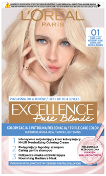 L'Oréal Excellence Pure Blonde 01, rozjaśniająca farba do włosów. Opakowanie z blond modelką, napis "Lifts up to 4 levels".