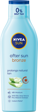 NIVEA SUN After Sun Bronze balsam, błękitna butelka, przód. Z bio-aloesem i pro-melaniną, przedłuża opaleniznę, 0% samoopalacza.