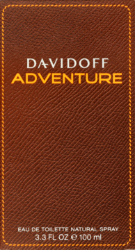 Męska woda toaletowa Davidoff Adventure w brązowym, teksturowanym pudełku z pomarańczowym napisem.