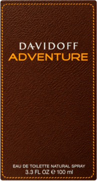 Męska woda toaletowa Davidoff Adventure w brązowym pudełku z teksturą skóry i żółtą ramką, przód.