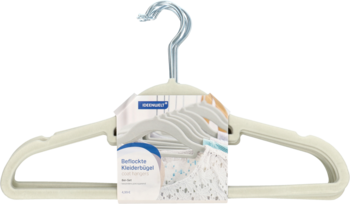 Jasnobezowe, oszczędzające miejsce wieszaki na ubrania z antypoślizgową powłoką i obrotowym hakiem.