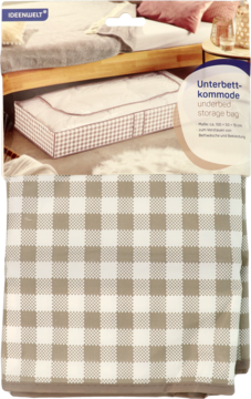 Kratkowana beżowo-biała torba do przechowywania pod łóżko z przezroczystym oknem, na ubrania i pościel.