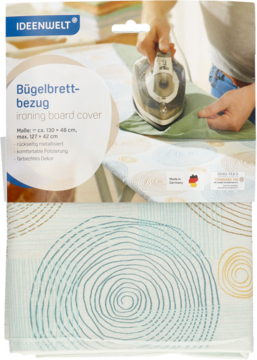 Pokrowiec na deskę do prasowania Ideenwelt, biało-niebiesko-brązowy wzór okręgów, widok z góry, z dłonią prasującą.