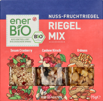 Czerwono-niebieskie pudełko EnerBiO Riegel Mix 75g. Batoniki: sezam, żurawina, nerkowiec, wiśnia, orzech, widok z przodu.