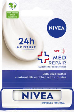 Opakowanie balsamu do ust Nivea Med Repair SPF15, 24h nawilżenia, z masłem shea. Widok z przodu, biało-niebieskie.