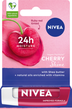 Nivea Cherry Shine pomadka nawilżająca 24h, ruby red tinted, na różowym opakowaniu z wiśnią i sztyftem.