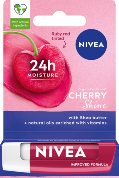 Nivea Cherry Shine pomadka nawilżająca 24h, ruby red tinted, na różowym opakowaniu z wiśnią i sztyftem.